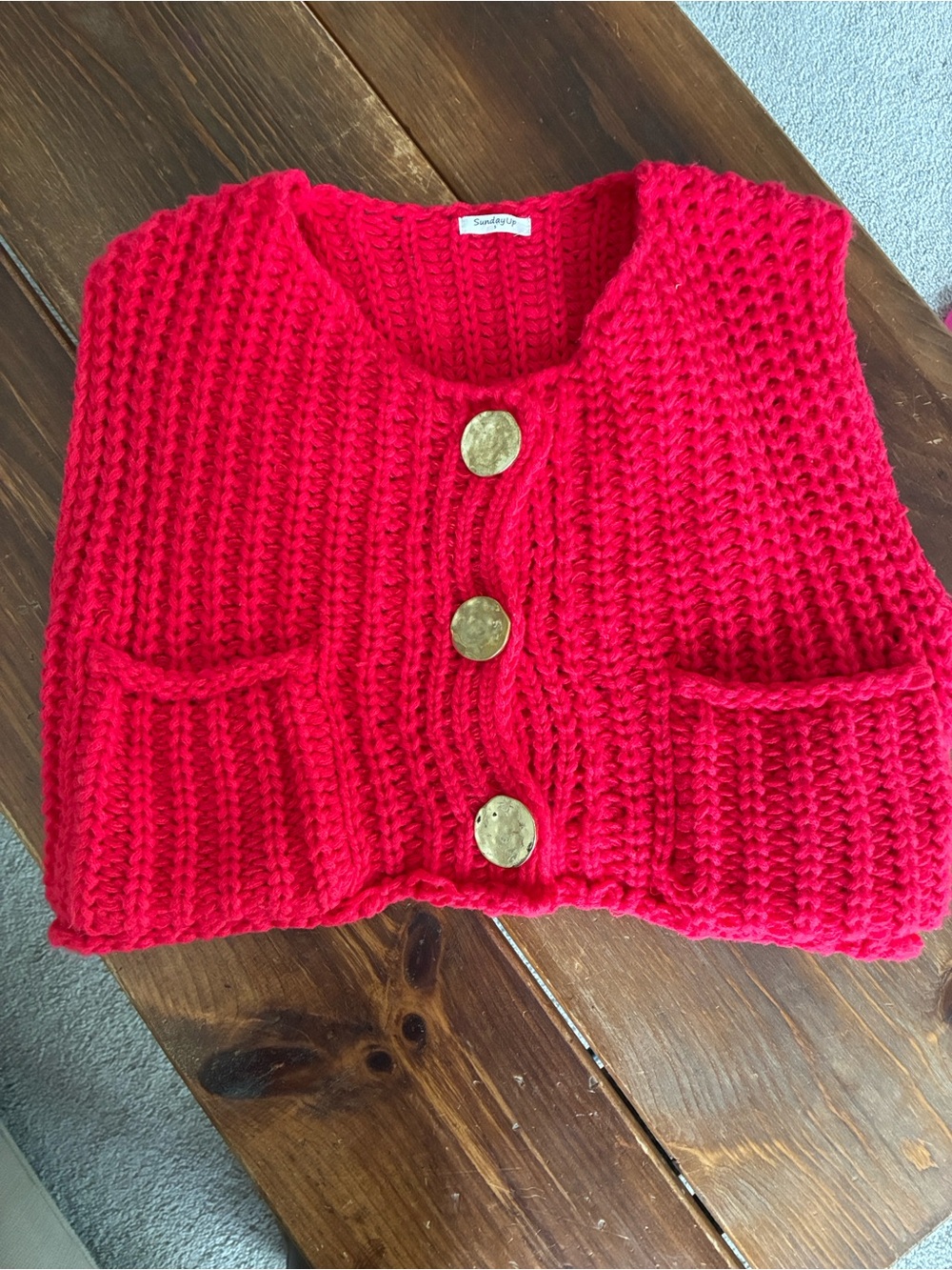 Bold Red Knit Button-Front Sleeveless Cardigan